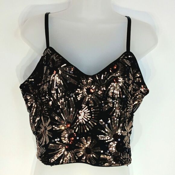 MARC NEW YORK Andrew Marc Women’s Black Sequin Crop Top Medium Party Side Zipper - Picture 1 of 9